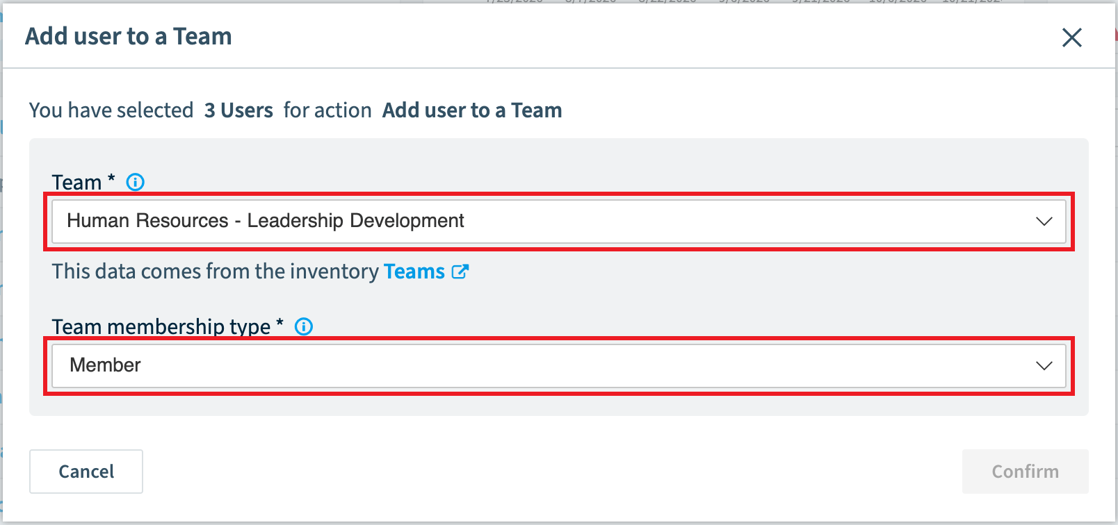 Add user to a Team dialog for three users with Team and Team membership type highlighted