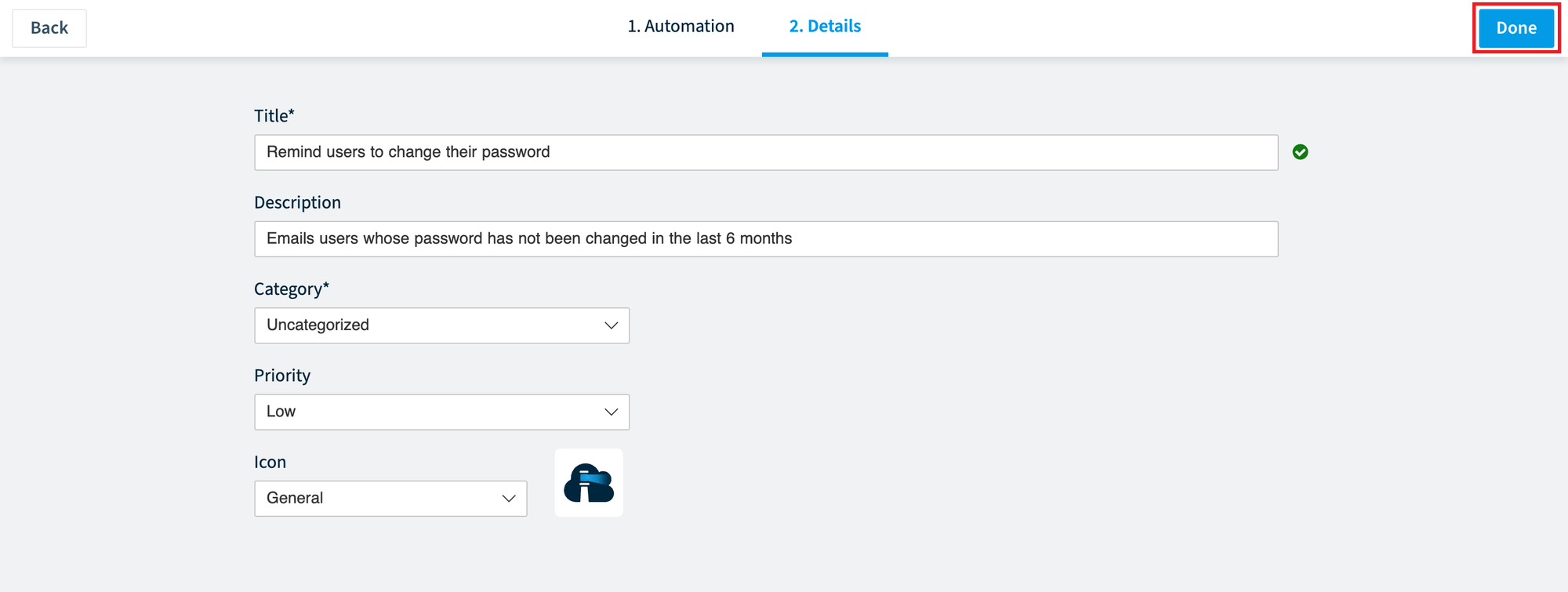 Automation Builder Details step with title, description, category, priority and icon, Done highlighted