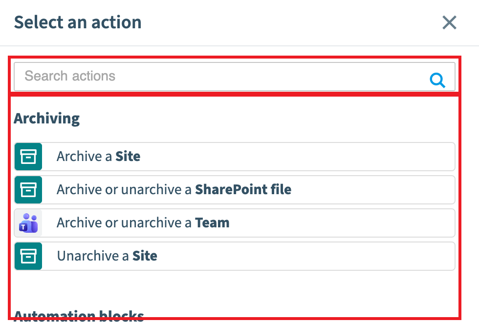 Select an action panel with the search box and the list of actions highlighted