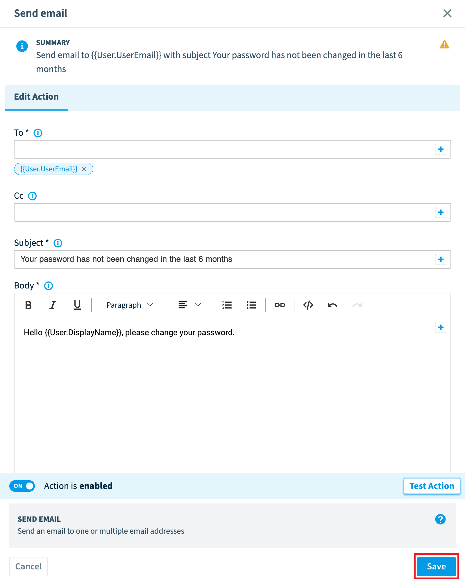 Send email action panel with recipient, subject and body filled in and Save highlighted