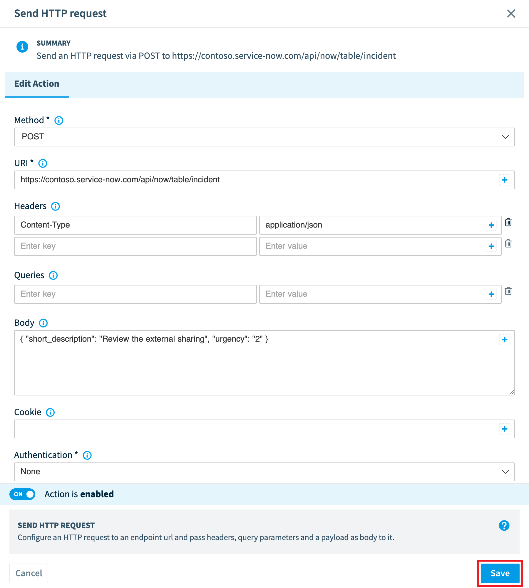 Send HTTP request action for a ServiceNow incident: POST, table API URL, header and JSON body