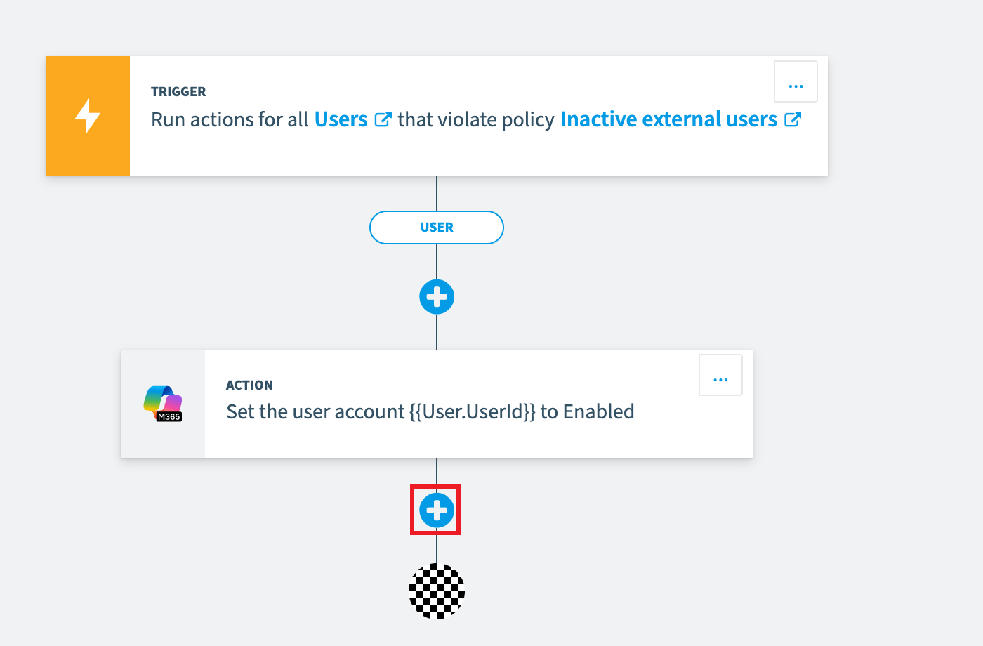 Automation built from a template, with the plus button below the action highlighted