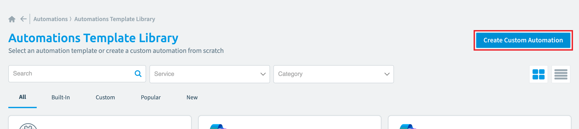 Automations Template Library with Create Custom Automation highlighted