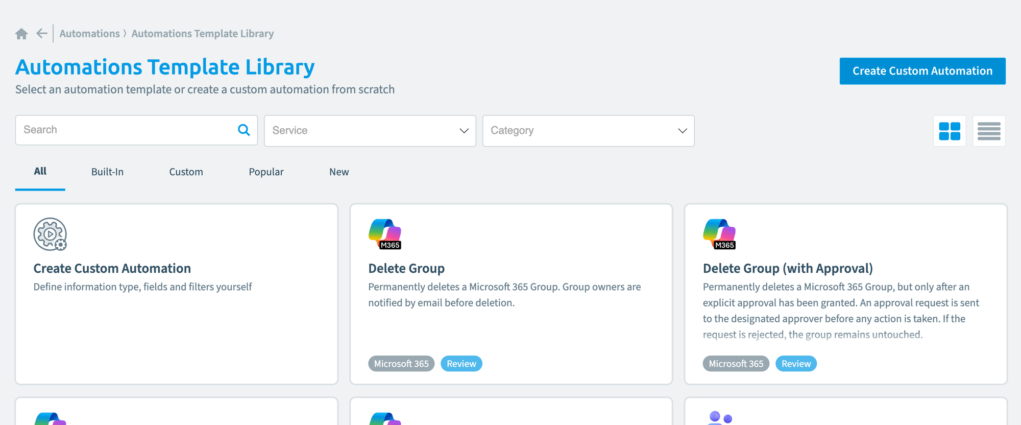 Automations Template Library with filters and template cards