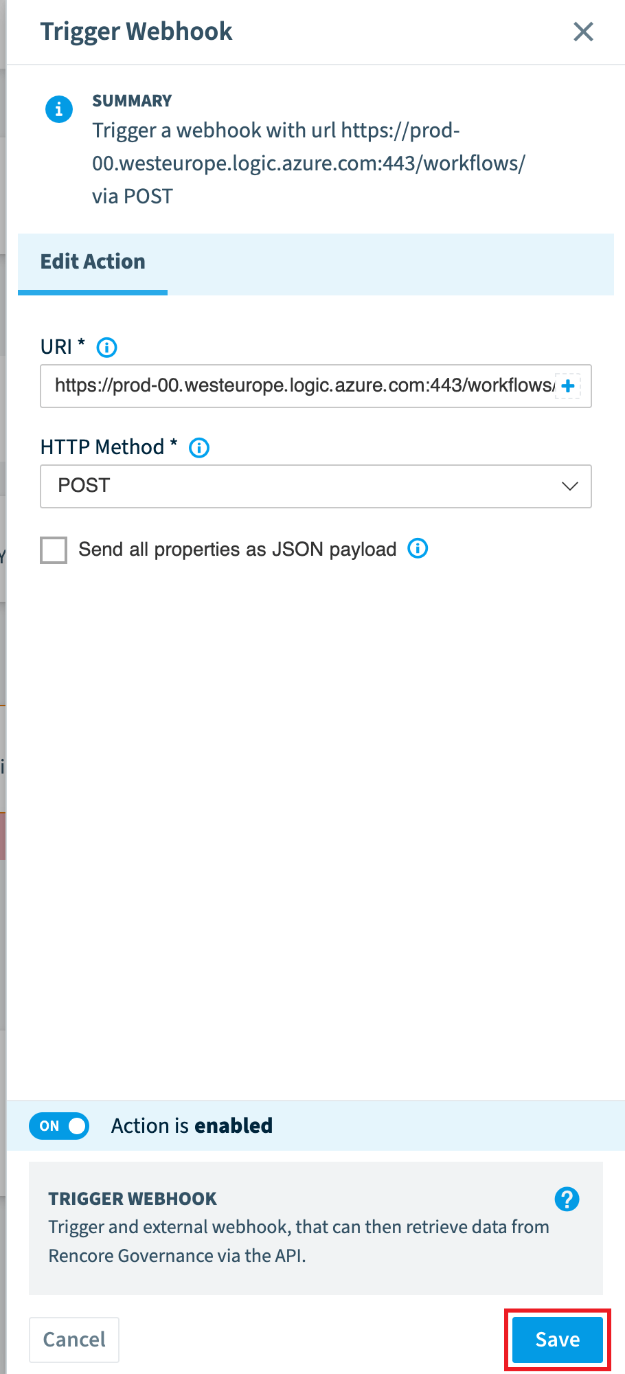 Trigger Webhook action with a Power Automate flow URL and the POST method, Save highlighted