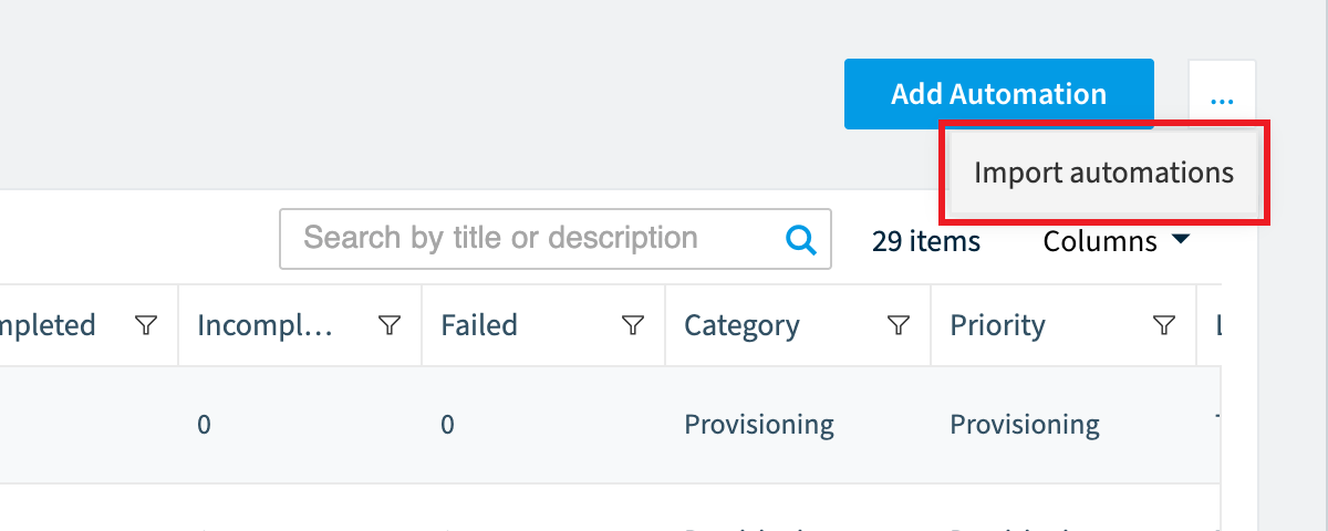 Automations options menu with Import automations highlighted
