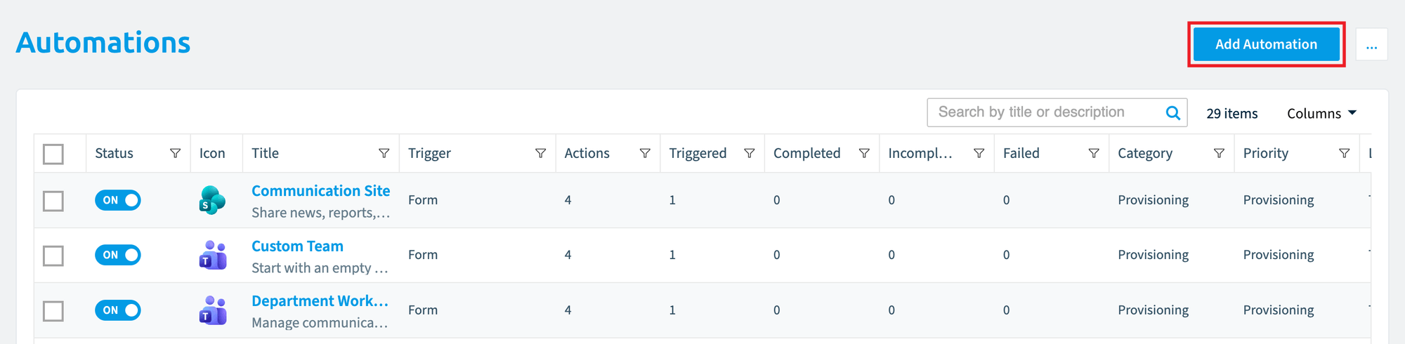 Automations list with Add Automation highlighted