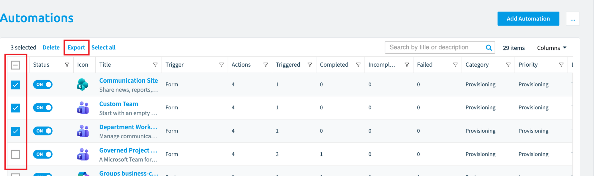 Automations list with three automations selected and Export highlighted