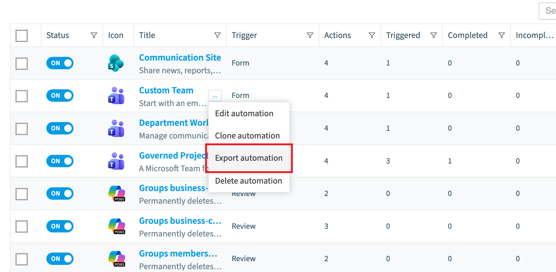 Automations list with a row menu open and Export automation highlighted