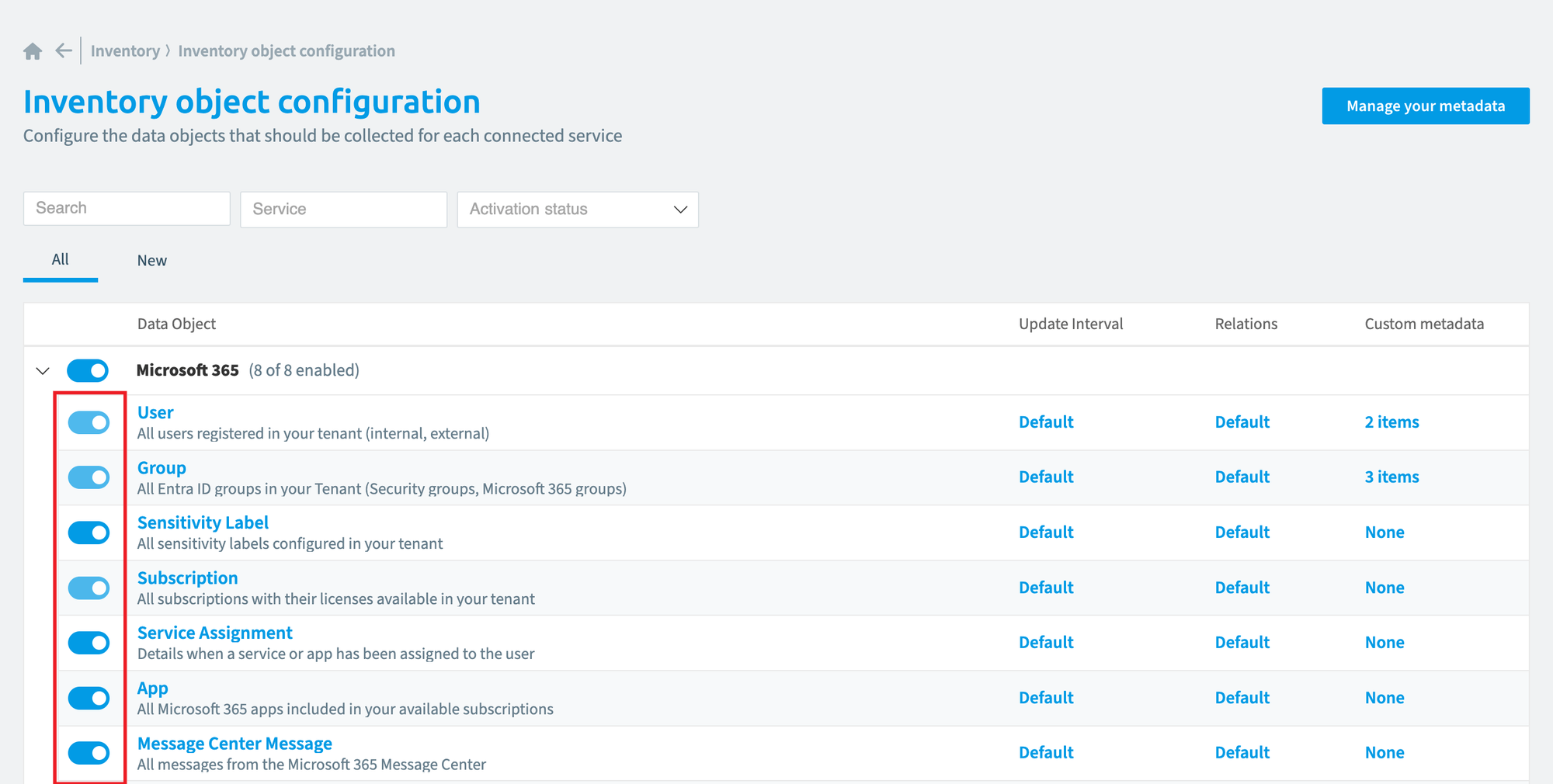 Inventory object configuration for Microsoft 365 with the toggle column highlighted