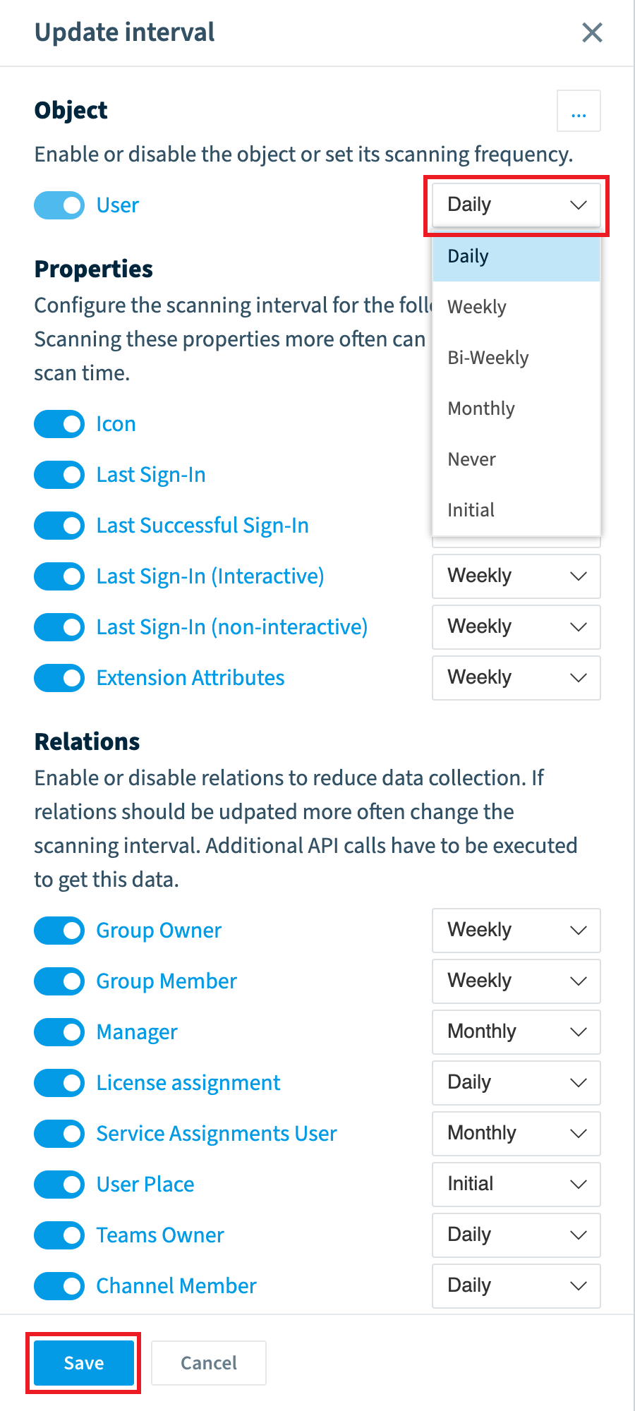 Update interval panel for User with the interval list open and Save highlighted