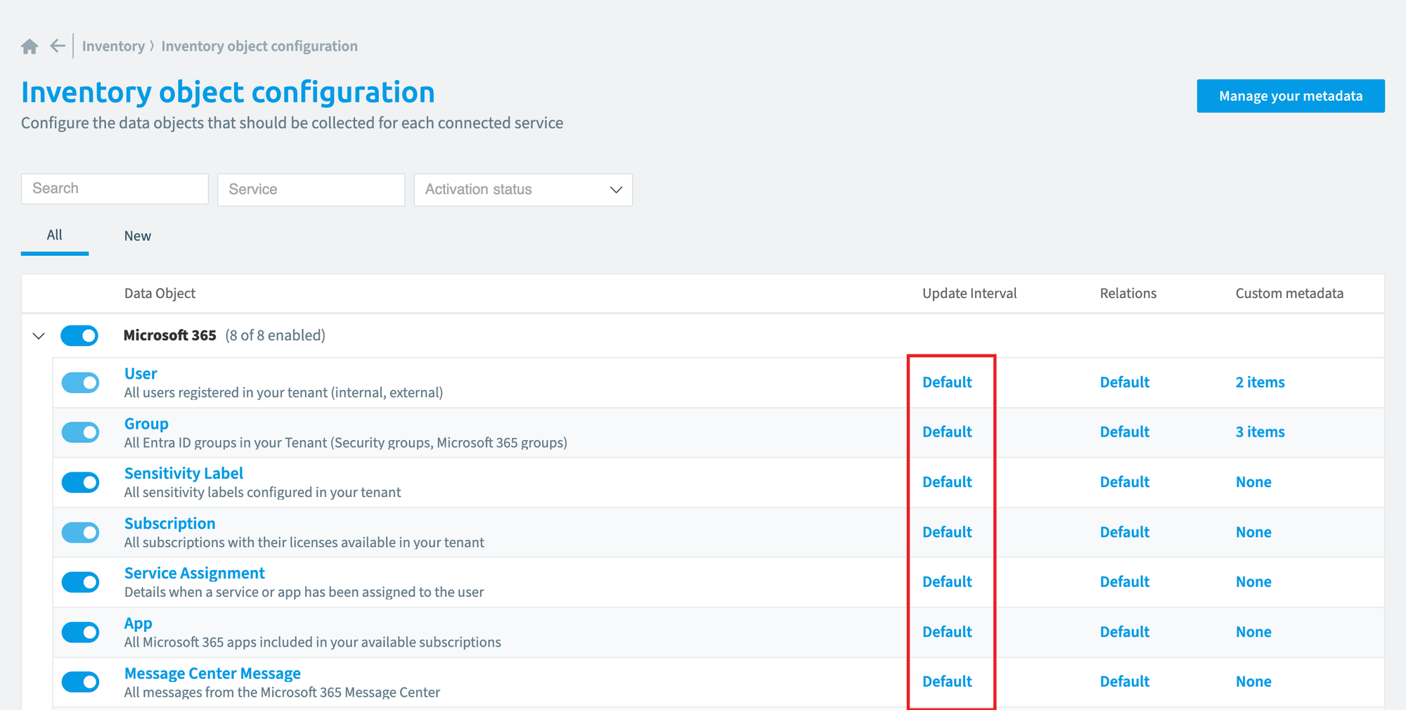 Inventory object configuration with the Update Interval column highlighted