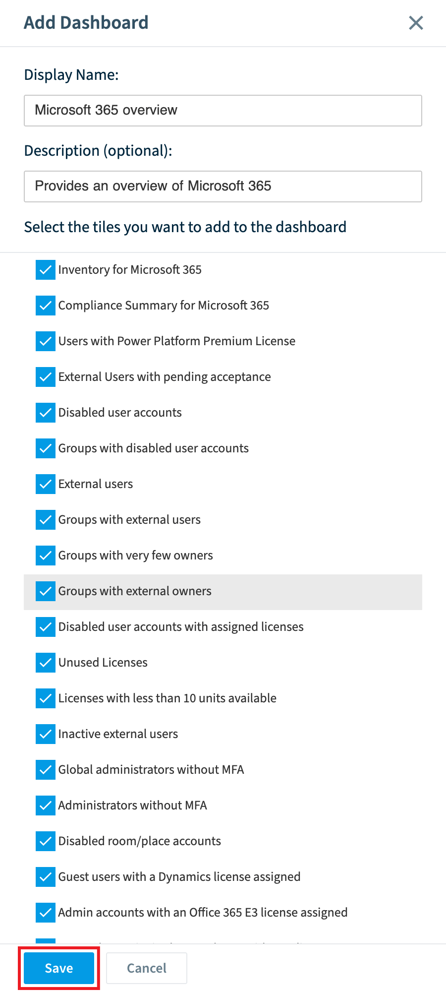 Add Dashboard panel with display name, description and tiles, Save highlighted