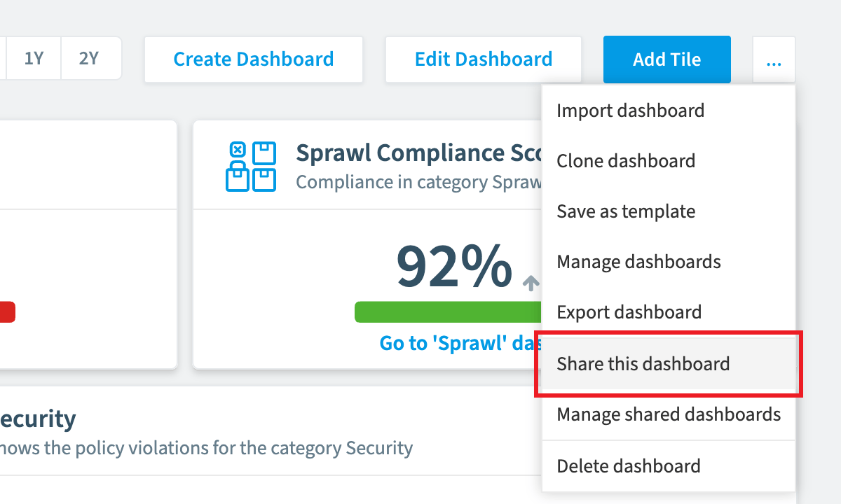 Dashboard options menu with Share this dashboard highlighted
