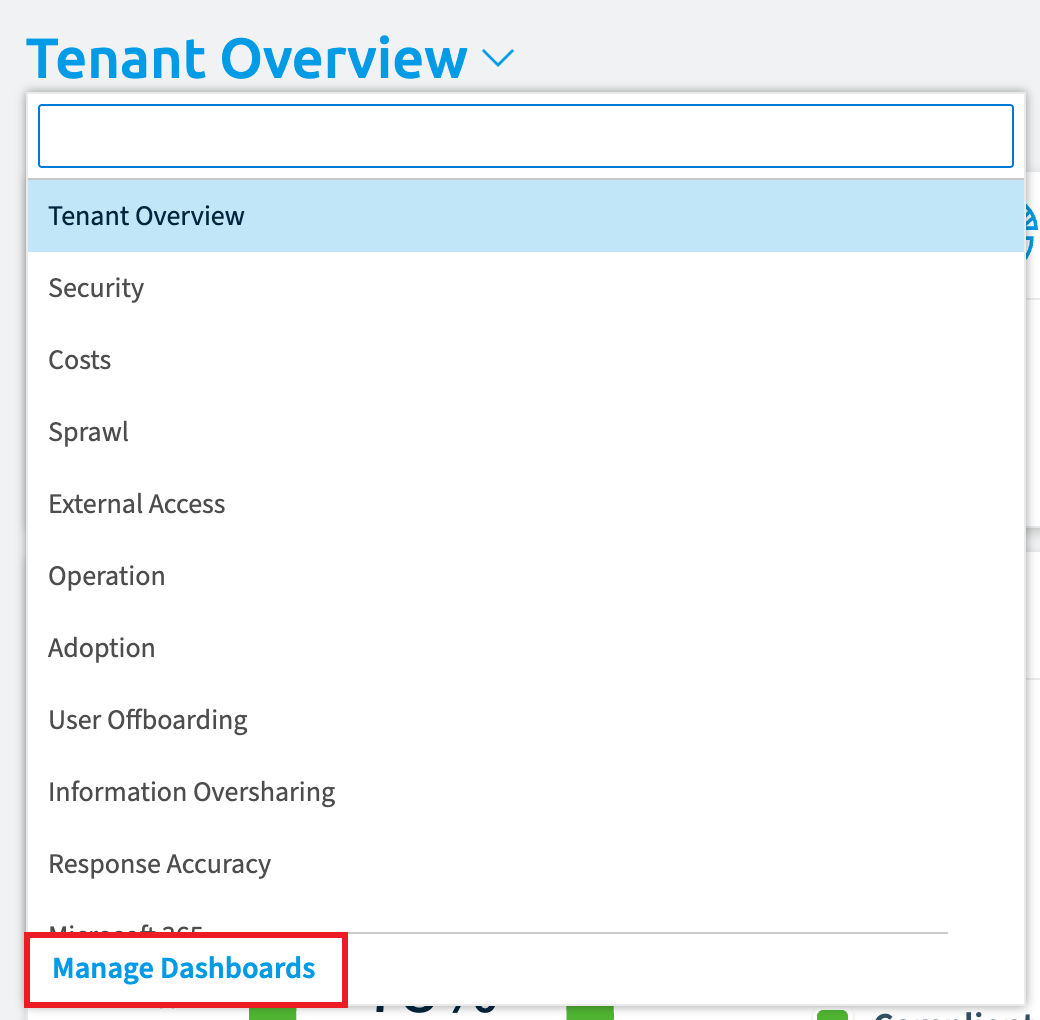 Dashboard selector open with Manage Dashboards highlighted