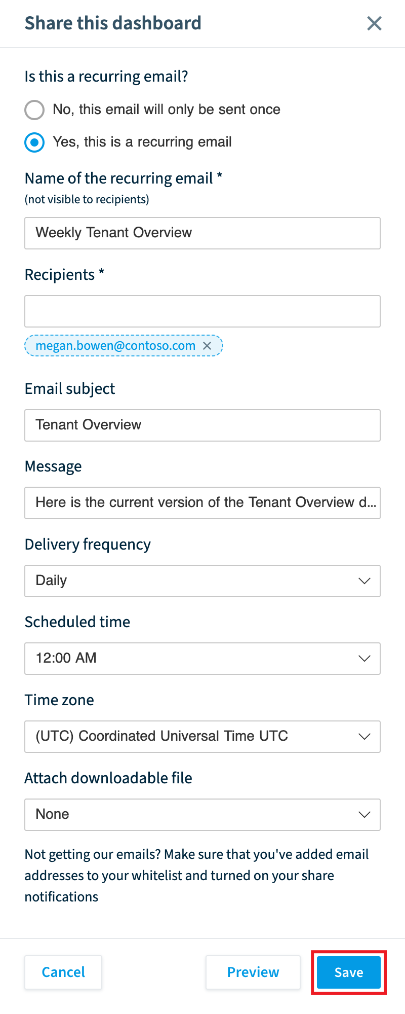 Share this dashboard panel for a recurring email with name, recipients, frequency, time and time zone, with Save highlighted