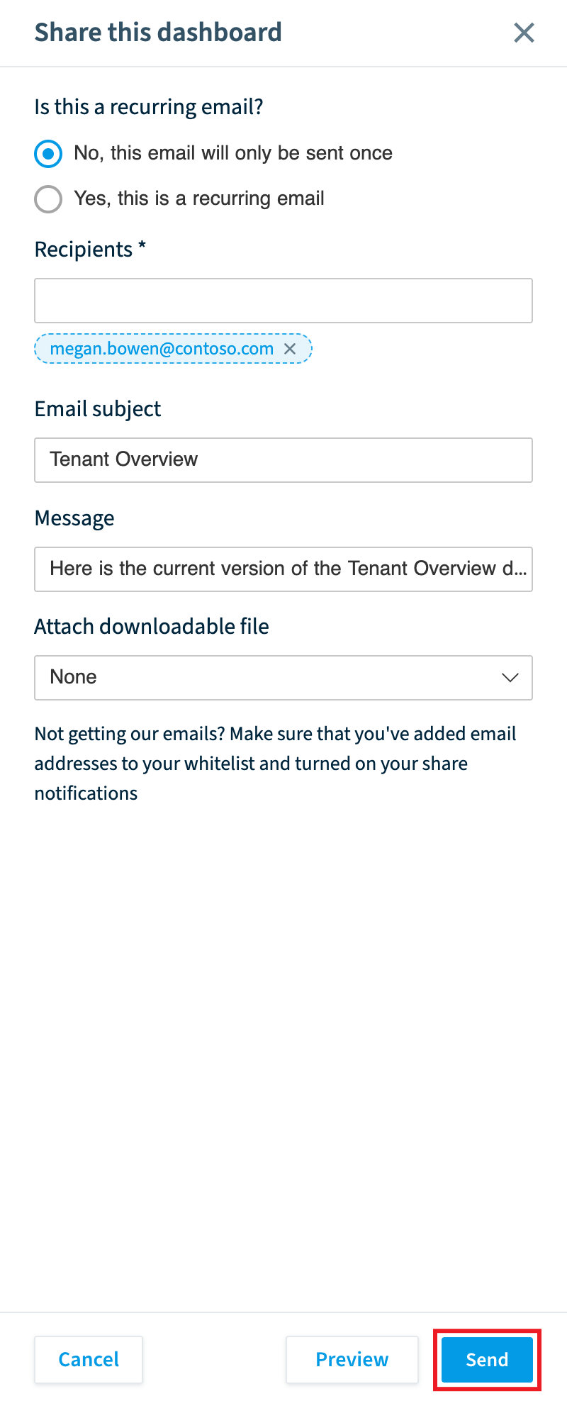 Share this dashboard panel for a one-off email: recipient, subject, message and attachment, with Send highlighted