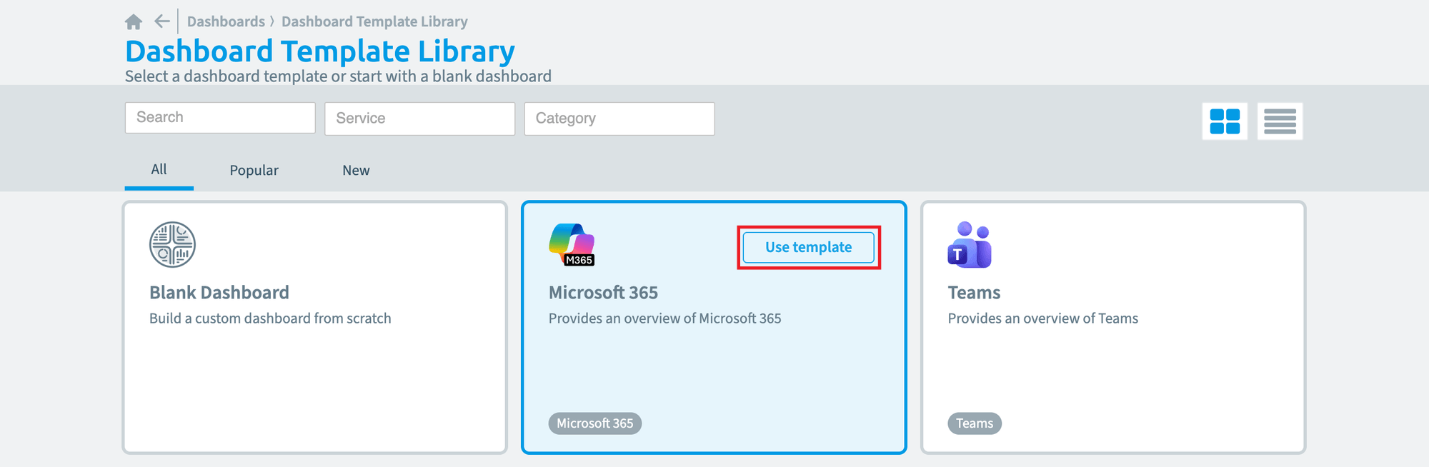 Dashboard Template Library with the Blank Dashboard and preconfigured templates, Use template highlighted