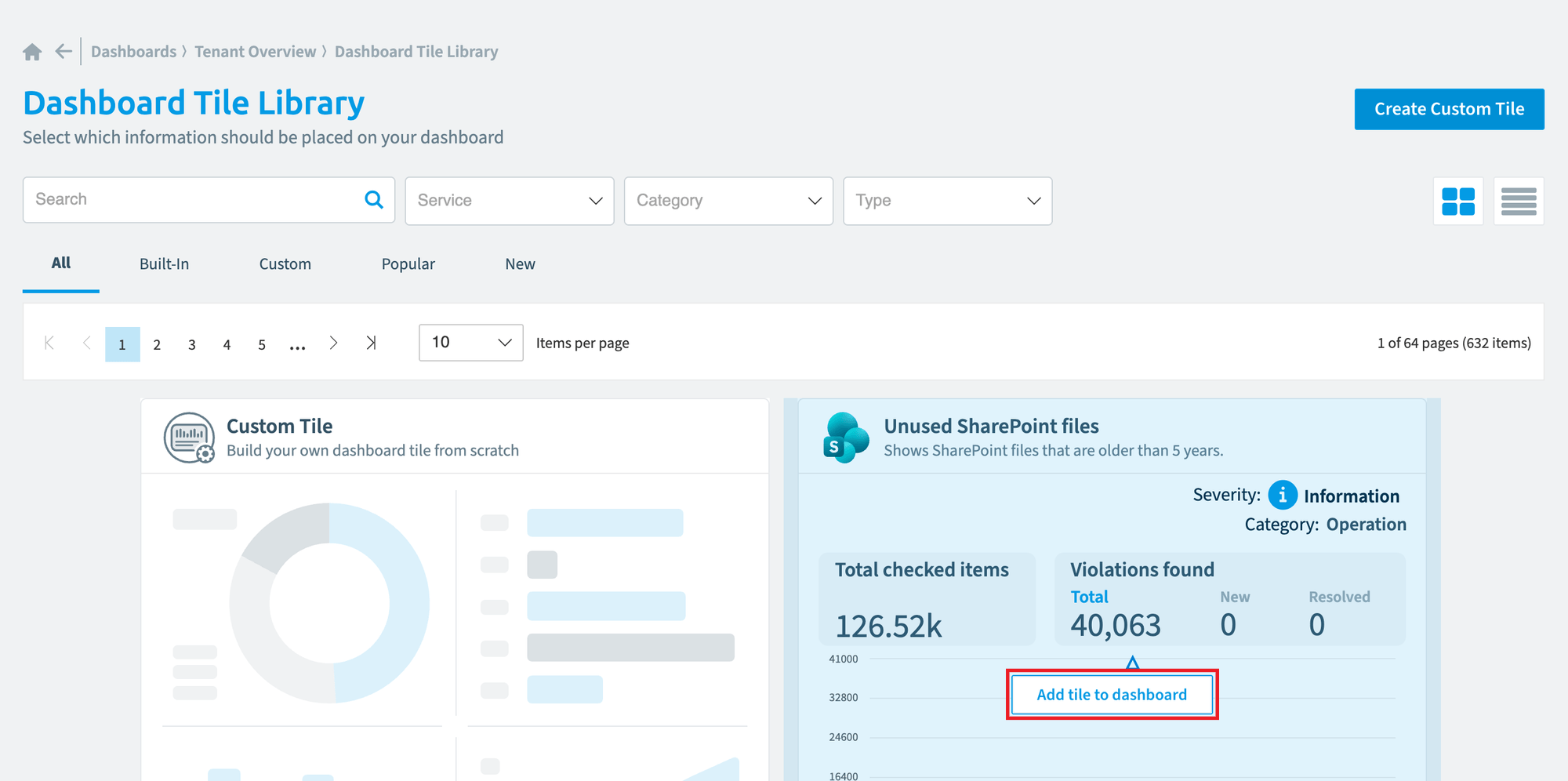 Dashboard Tile Library with Add tile to dashboard highlighted on a tile