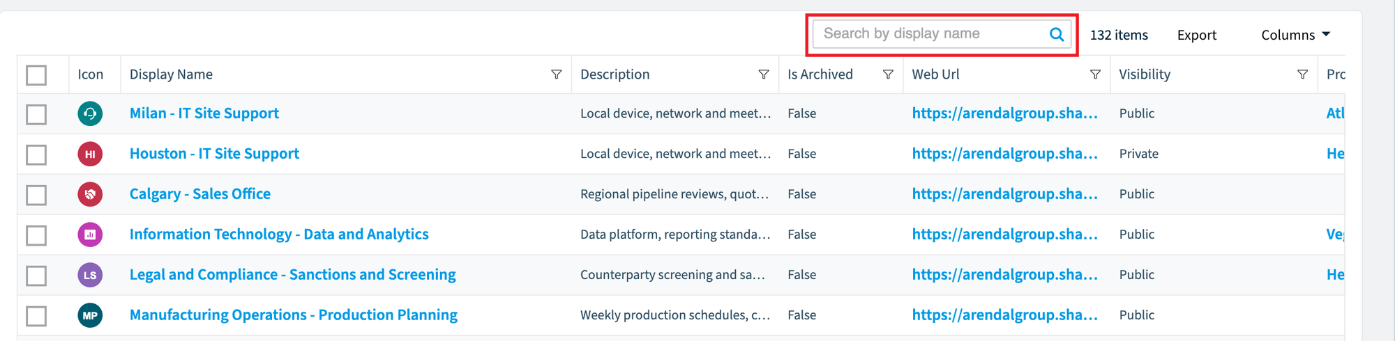 Teams data grid with the search box highlighted