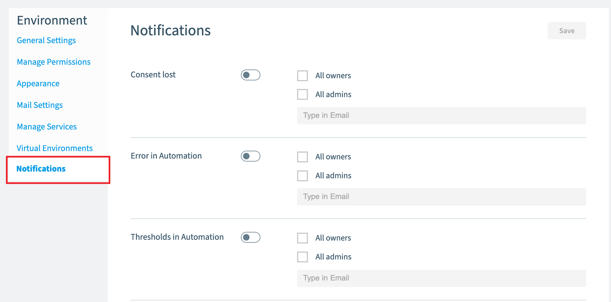 Environment Settings with Notifications selected: consent lost, automation and provisioning notifications