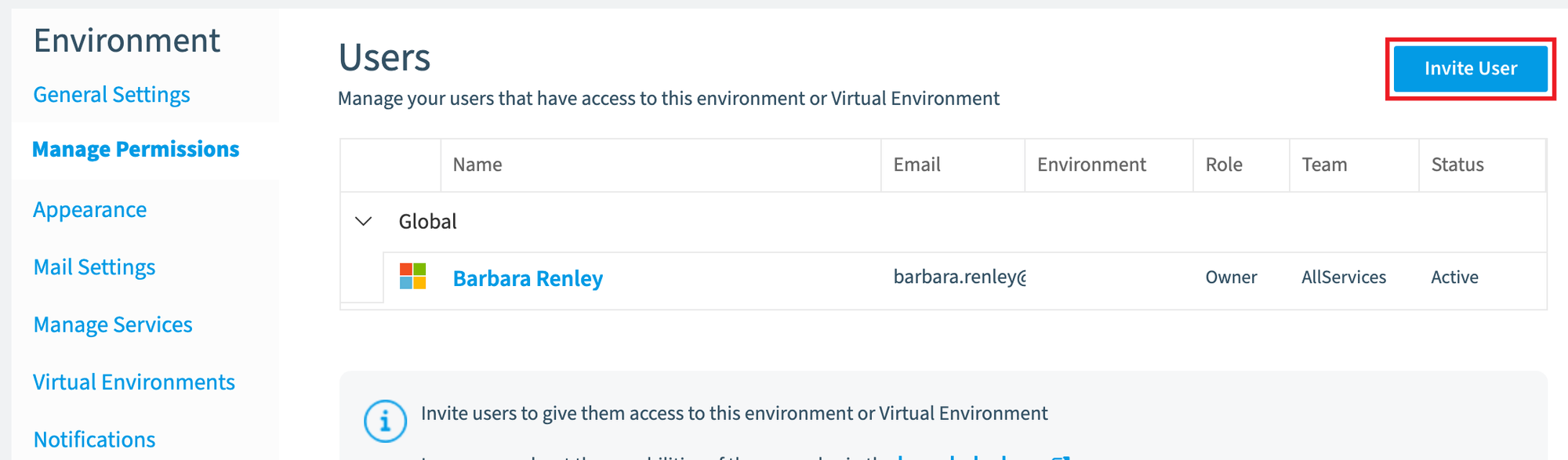Environment Manage Permissions page with the Invite User button highlighted