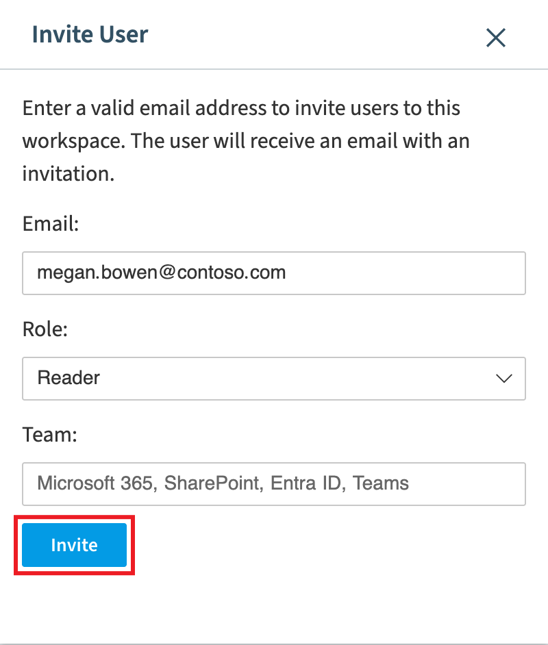 Invite User dialog with an email, the Reader role, four teams and Invite highlighted