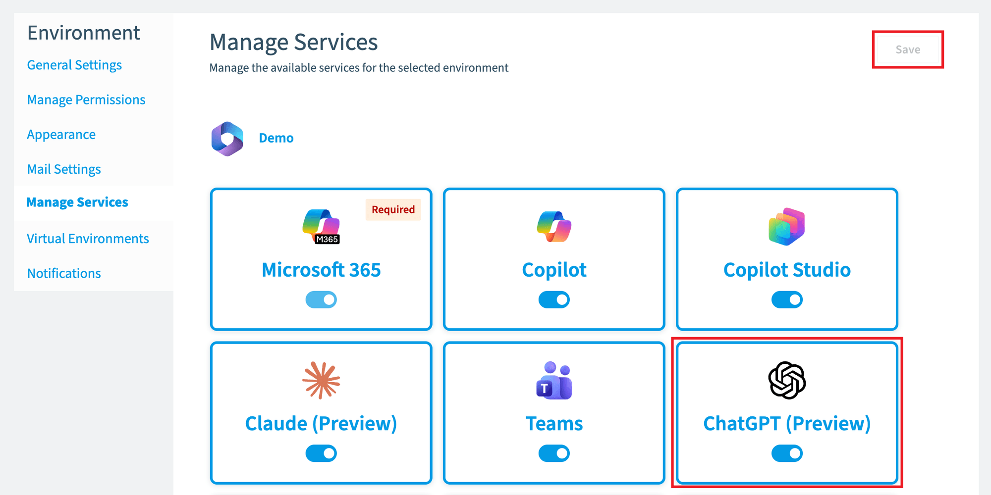 Manage Services in the Environment Settings with the ChatGPT (Preview) connector and Save highlighted