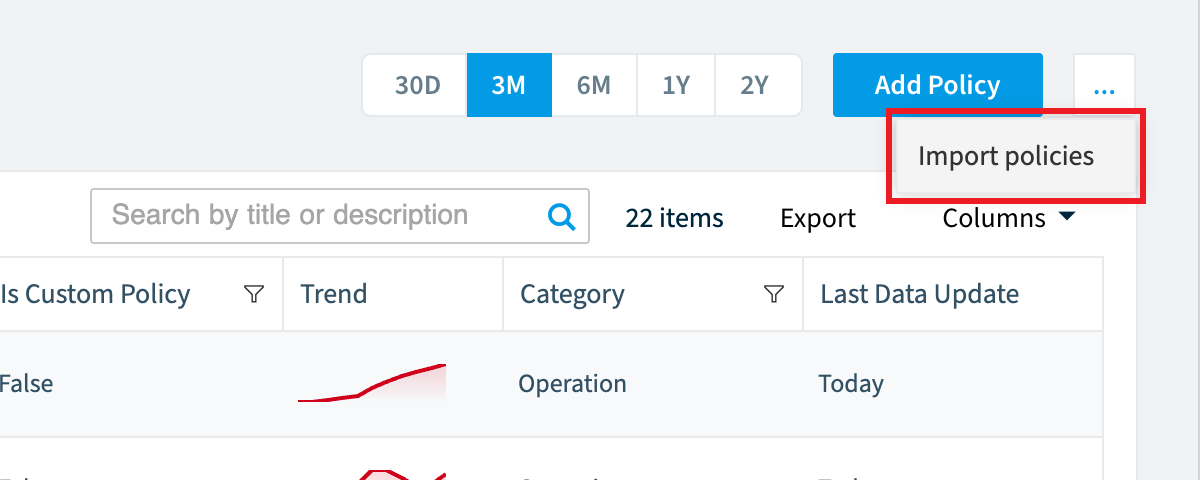 Policies options menu with Import policies highlighted