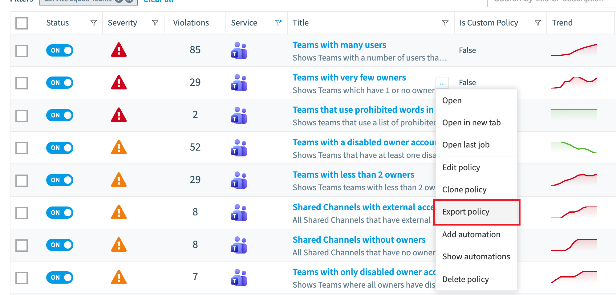 Policies list with a row menu open and Export policy highlighted