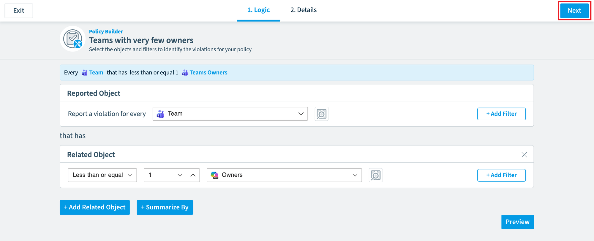 Policy Builder Logic step for Teams with very few owners, Next highlighted