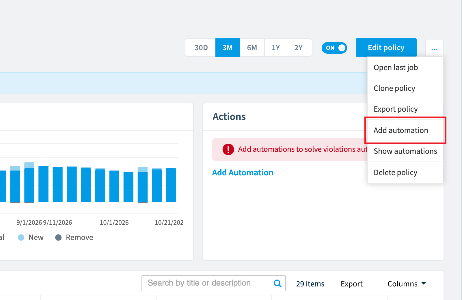 Policy options menu with Add automation highlighted