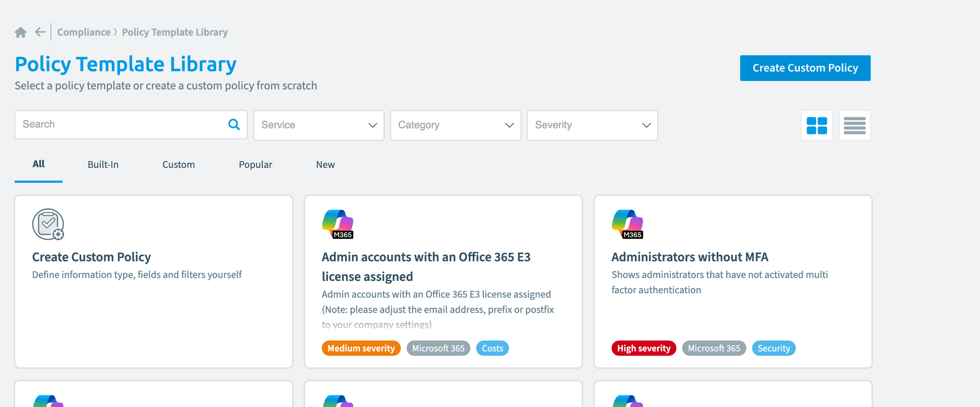 Policy Template Library with filters and policy template cards