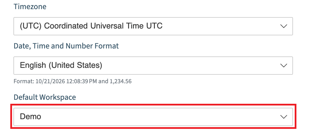 Profile preferences with timezone, format and Default Workspace highlighted