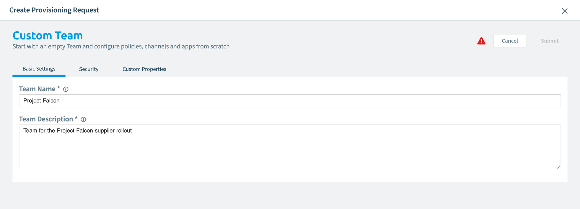 Create Provisioning Request, Basic Settings with team name and description
