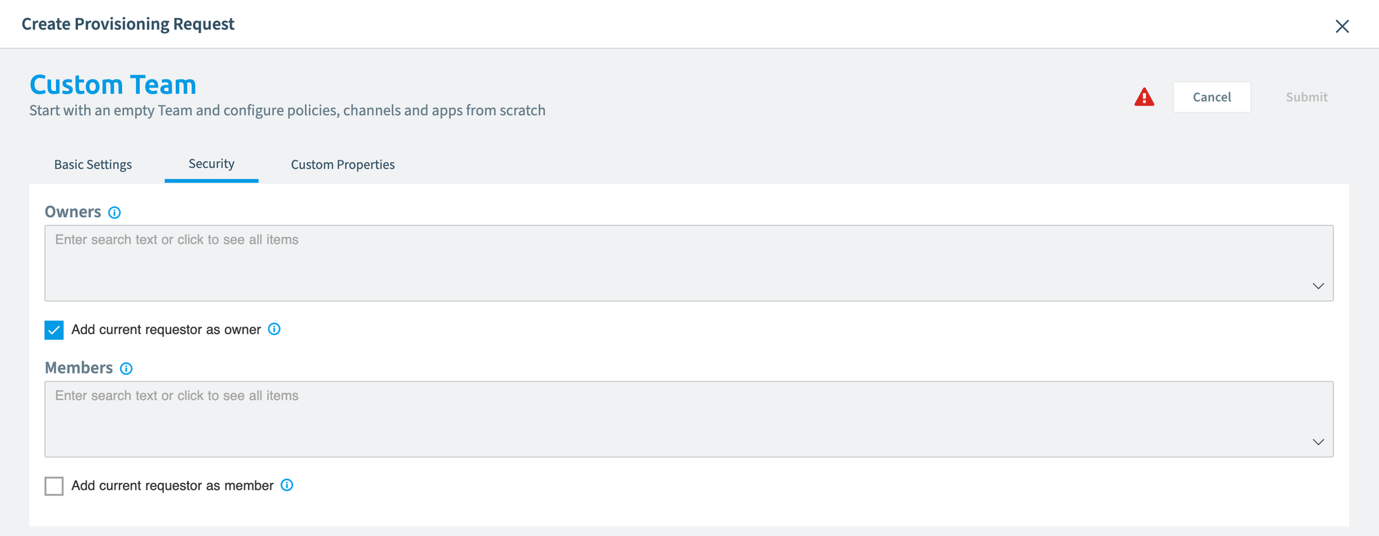 Create Provisioning Request, Security tab with owners and members