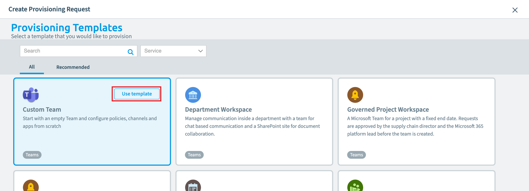 Create Provisioning Request dialog with the template cards and Use template highlighted