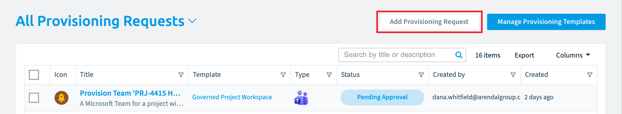 All Provisioning Requests page with the Add Provisioning Request button highlighted