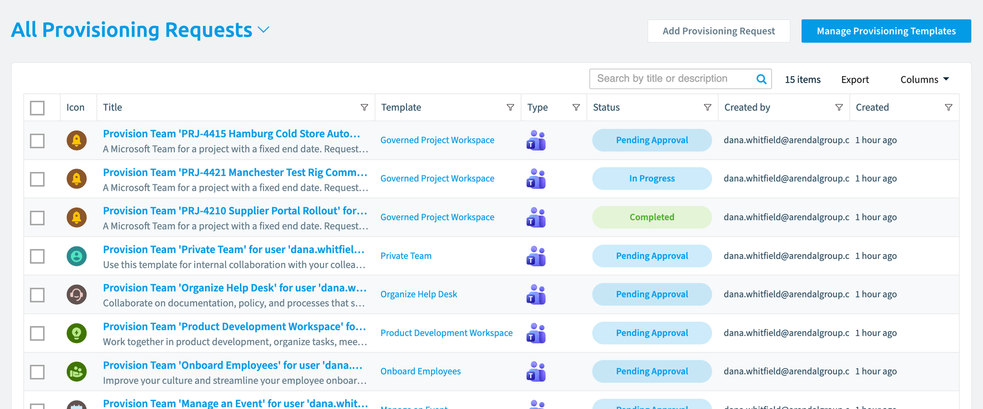 The Provisioning page with All Provisioning Requests, Add Provisioning Request, Manage Provisioning Templates and the request list