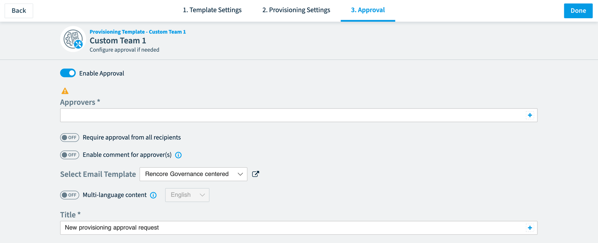 Provisioning template Approval step with approvers, options, email template and title