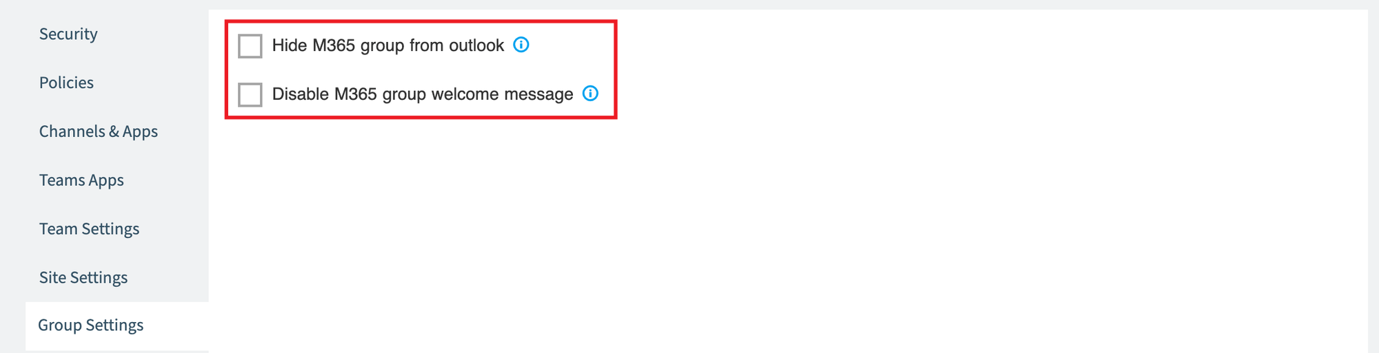Provisioning template Group Settings with the two Microsoft 365 group options highlighted