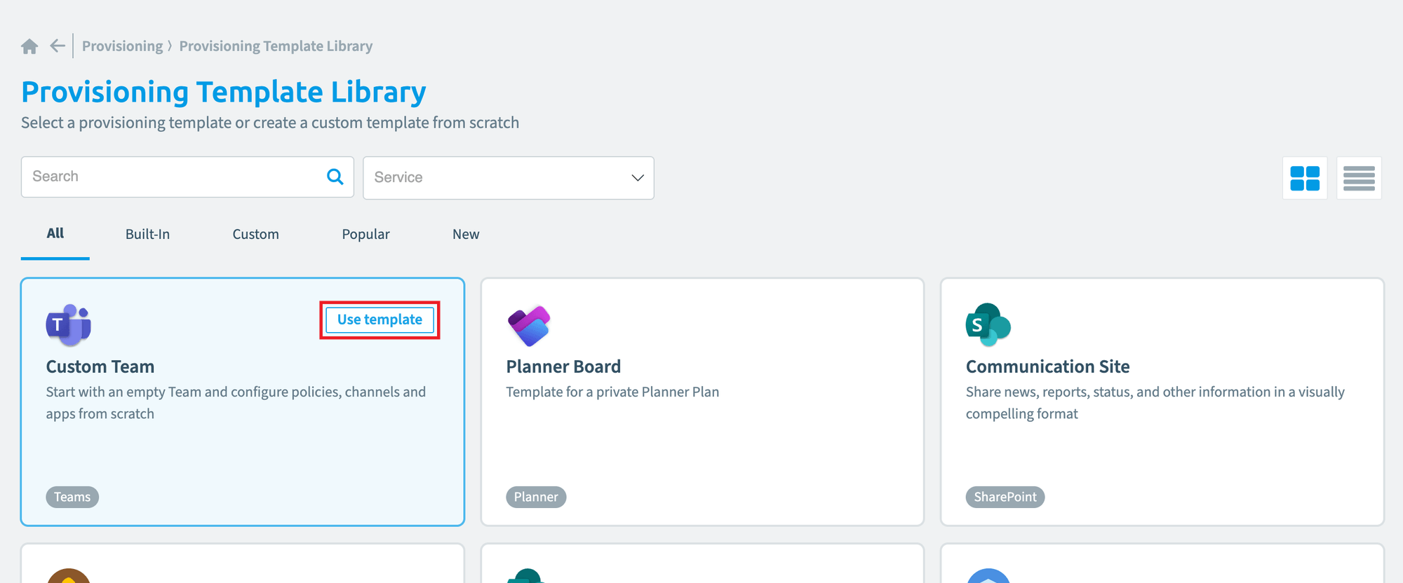 Provisioning Template Library with Use template highlighted on the Custom Team card