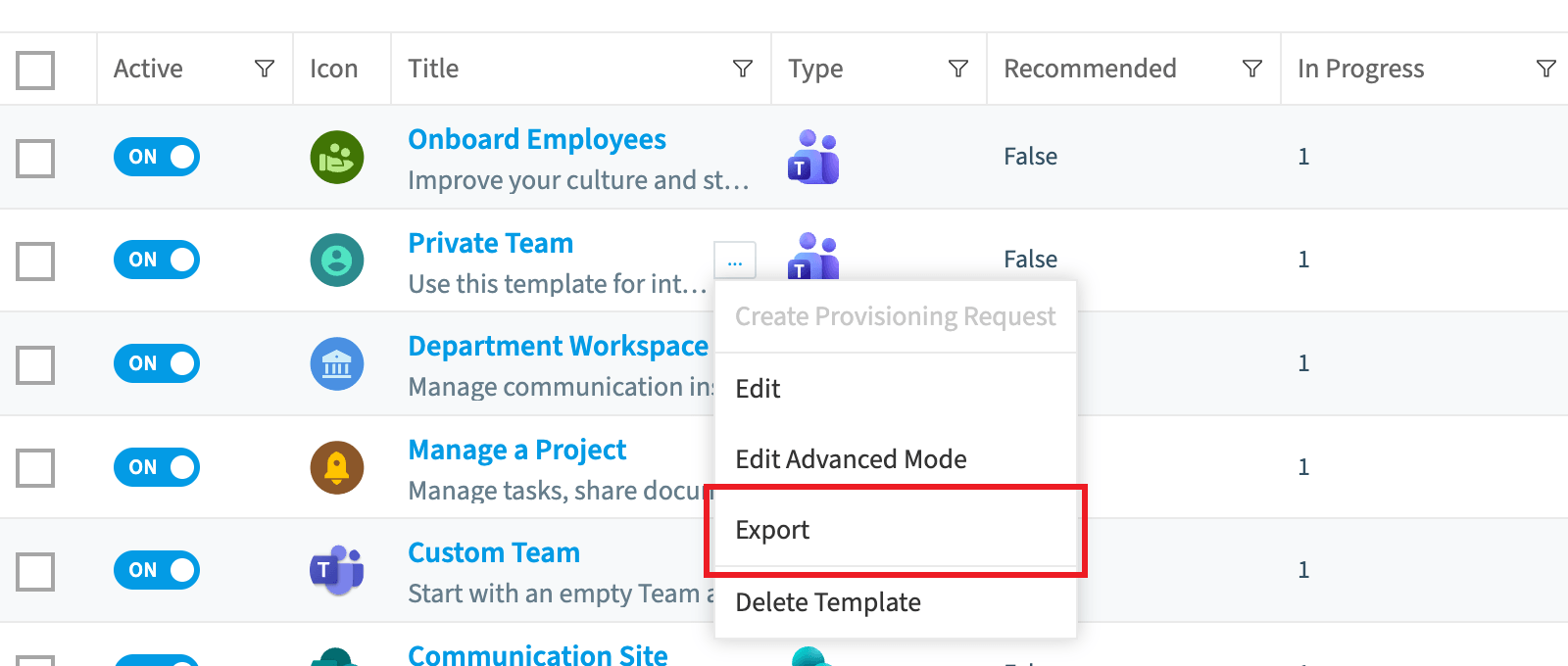 Provisioning Templates row menu with Export highlighted
