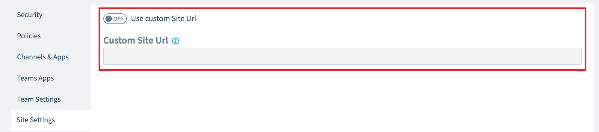 Provisioning template Site Settings with Use custom Site Url and the Custom Site Url field highlighted