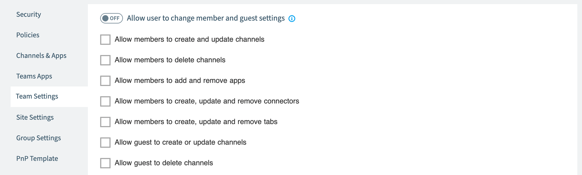 Provisioning template Team Settings with member and guest permissions
