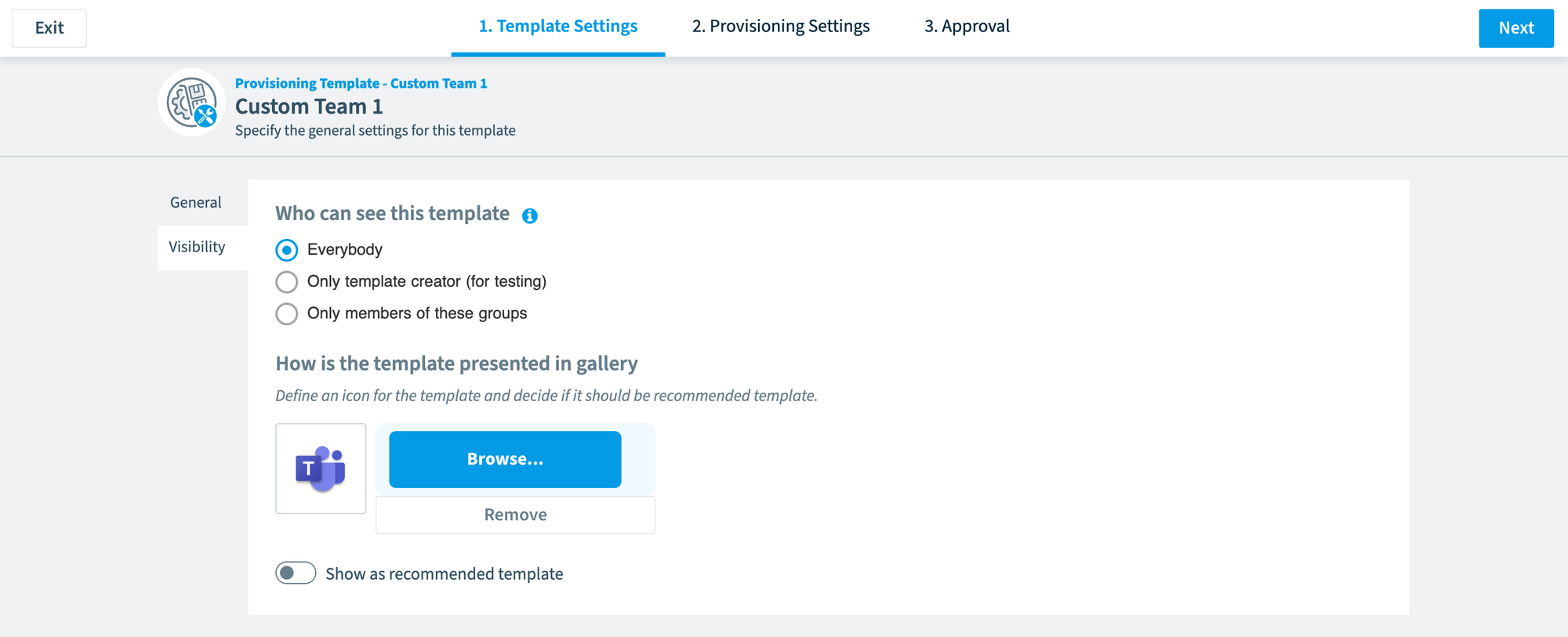 Provisioning template Visibility settings: who can see the template, icon and recommended toggle