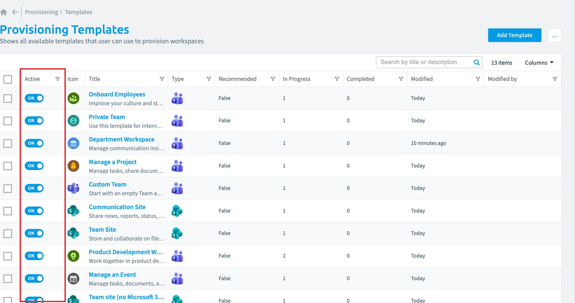 Provisioning Templates list with the Active column highlighted