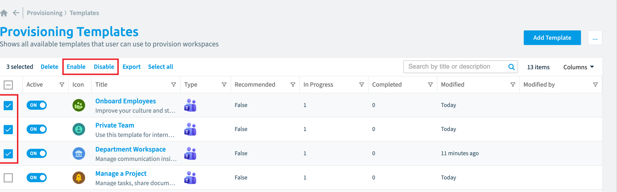 Provisioning Templates with three templates selected and the Enable and Disable buttons highlighted