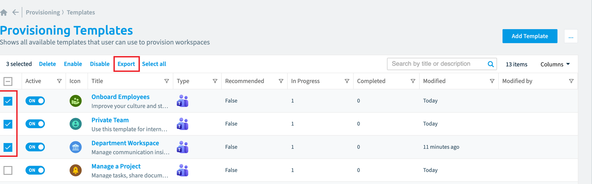 Provisioning Templates with three templates selected and Export highlighted