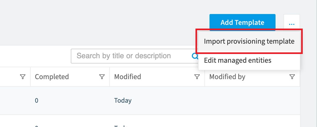 Provisioning Templates options menu with Import provisioning template highlighted